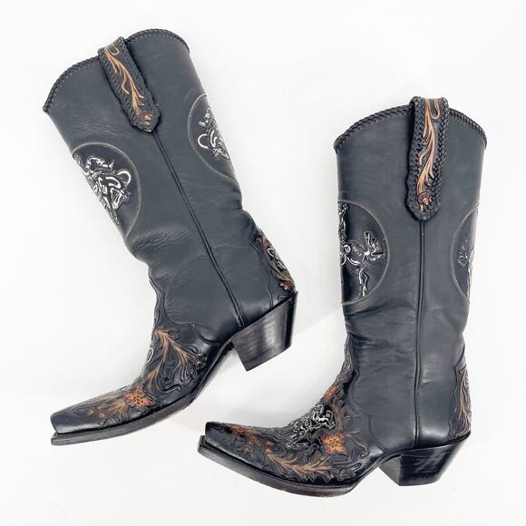 Liberty Boot Co. Vintage Women’s 7 Black Bucking Bronco Tooled Snip Toe Boots - Picture 5 of 14